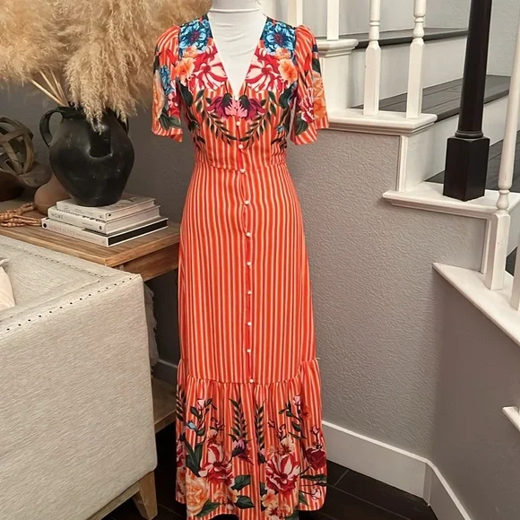 Lulus Roam the Riviera Orange Multi Striped Button-Up Maxi Dress Size XS - Picture 4 of 10